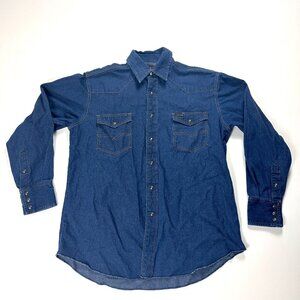 Ridge Rider Mens Pearl Snap Denim Shirt Blue Sz L Jean Cowboy Western Dark Wash